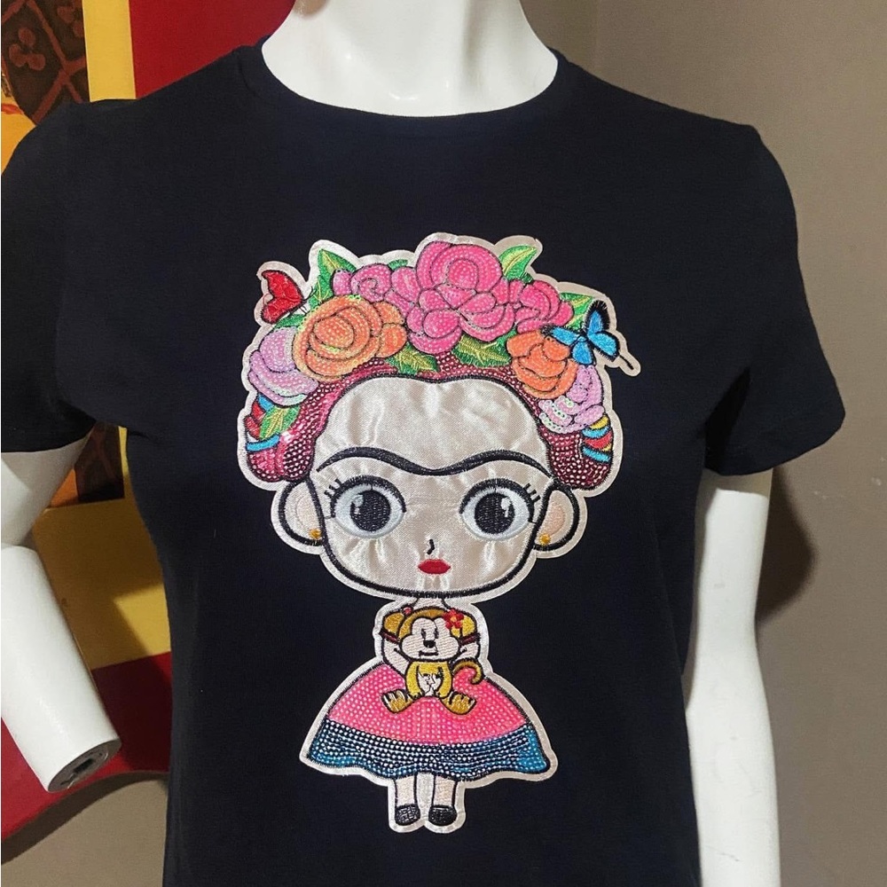 Women's Black Graphic Tee with Colorful Design